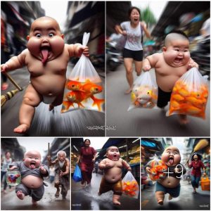 The humorous image of a baby’s late fishing trip to the market being chased by fish sellers delighted netizens.