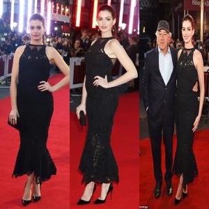 Anne Hathaway exudes elegance in black dress with semi-sheer bodice at The Intern UK premiere in London.
